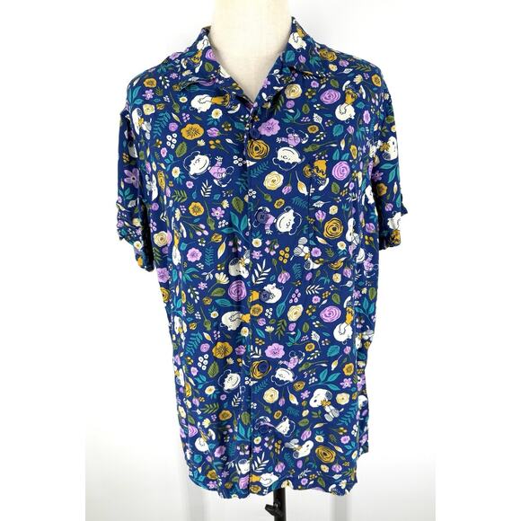 Peanuts Tops - Peanuts Women’s Top Button Front Floral Medium Snoopy Short Sleeve Rayon Shirt